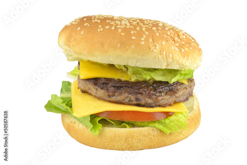 Hamburger, beef cheese burger with tomato