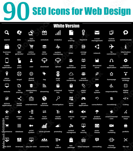 90 SEO Icons for Web Design - White Version