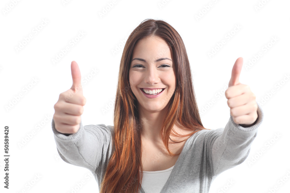 Beautiful woman smiling with both thumbs up Beautiful woman smiling with both thumbs up
