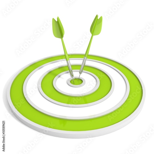 Green target and two dart arrows on white background