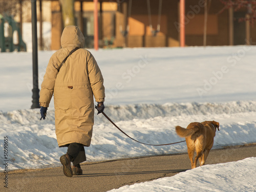 Woman walking her dog in the winter