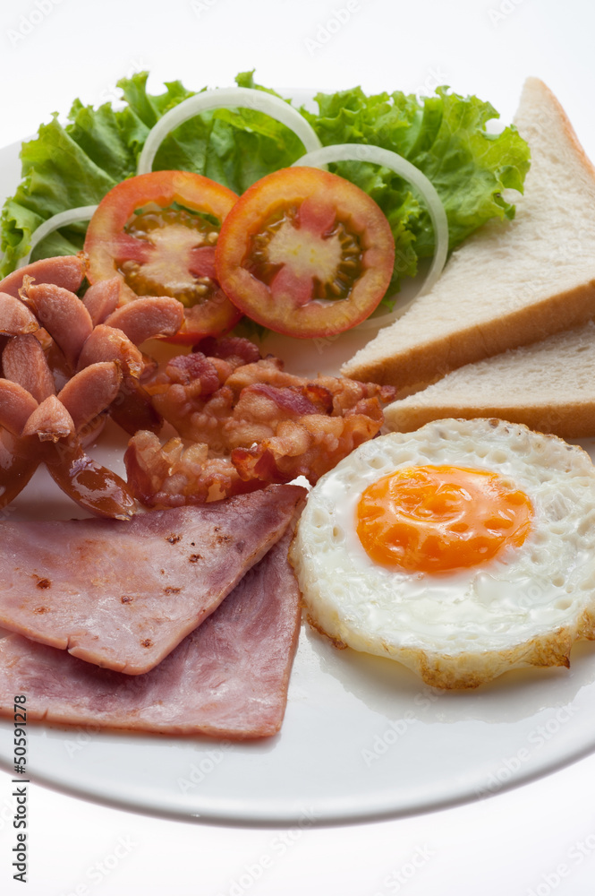 American Breakfast ham bacon egg bread and sausage