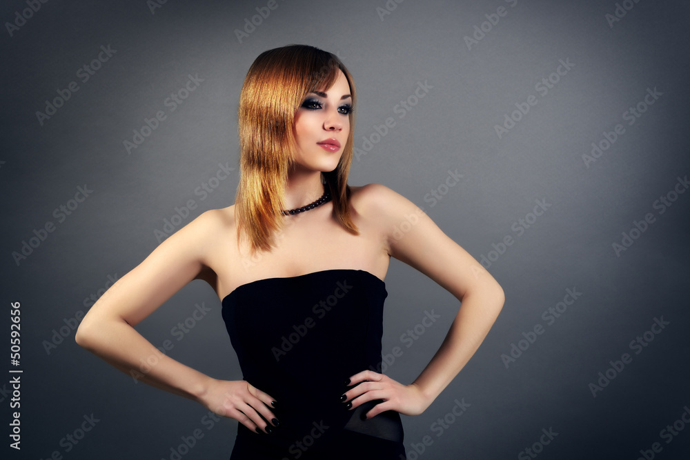 Stylish girl with beautiful makeup on black background Stylish girl with beautiful makeup on black background