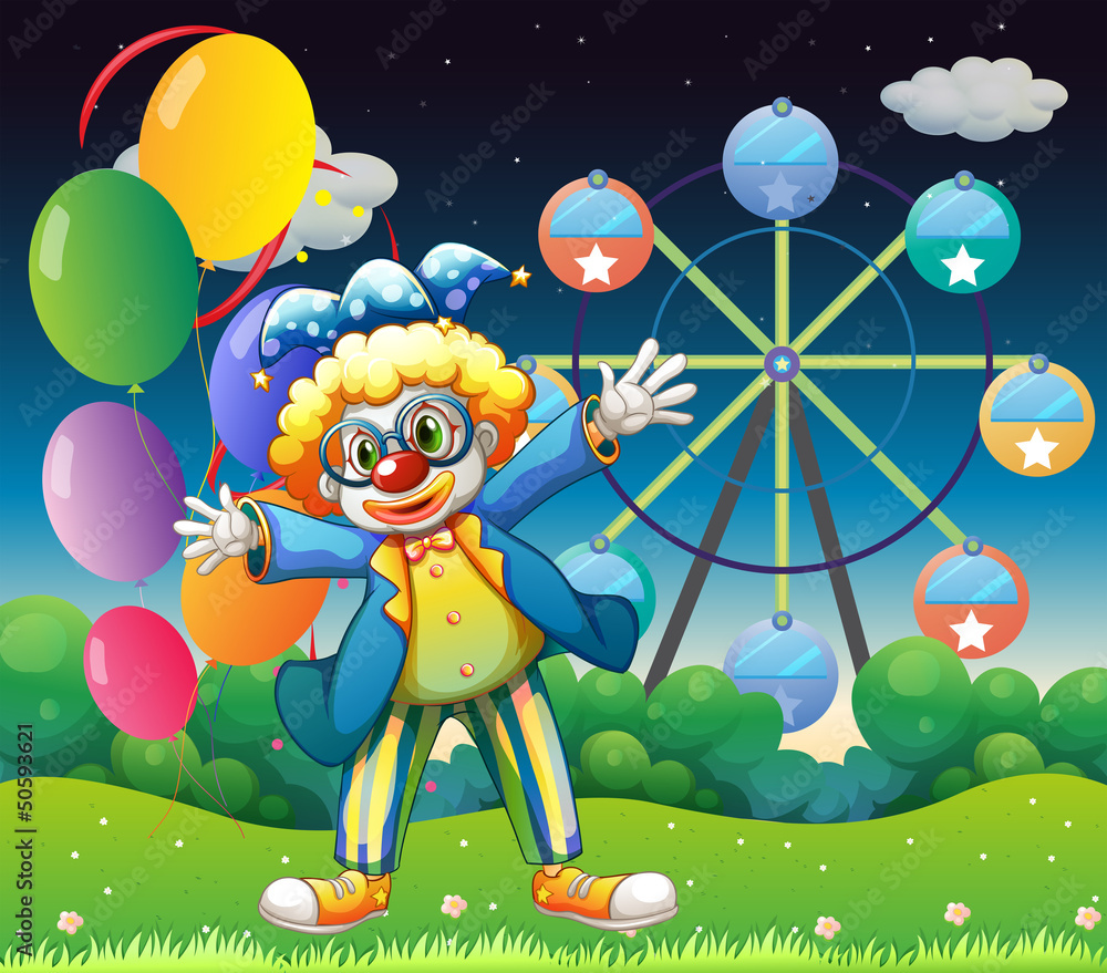 A clown with balloons near the ferris wheel