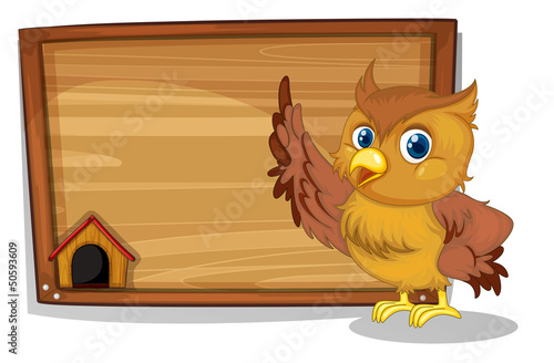 An empty signboard at the back of an owl