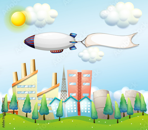 An airship with an empty banner above the high buildings