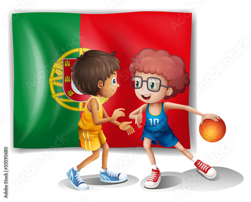 The Portugal flag and the basketball players