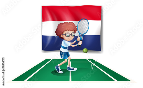 The flag of Netherlands at the back of a tennis player