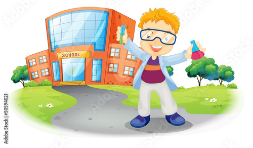 A scientist in front of a school building