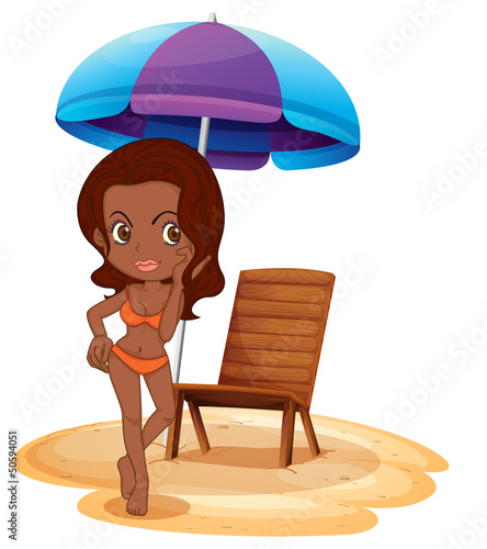 A tan lady wearing an orange swimsuit