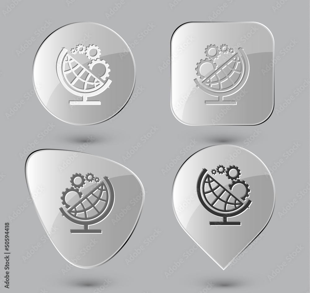 Globe and gears. Glass buttons. Vector illustration.