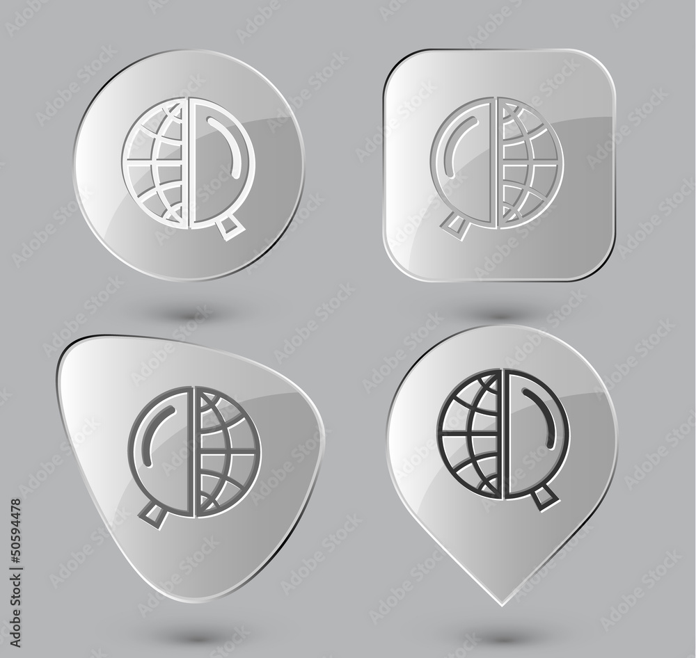 Globe and magnifying glass. Glass buttons. Vector illustration. Globe and magnifying glass. Glass buttons. Vector illustration.