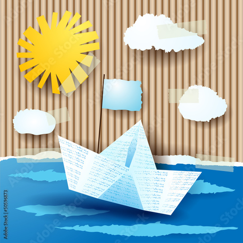 Seascape with paper boat, collage