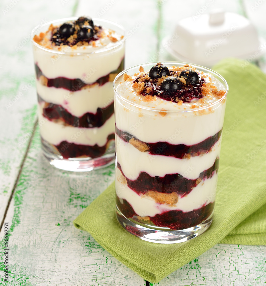 Dessert with black currant on a white table Dessert with black currant on a white table
