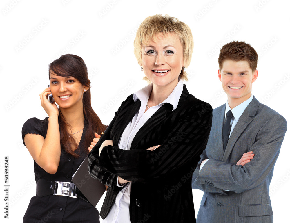 confident business woman with team behind her