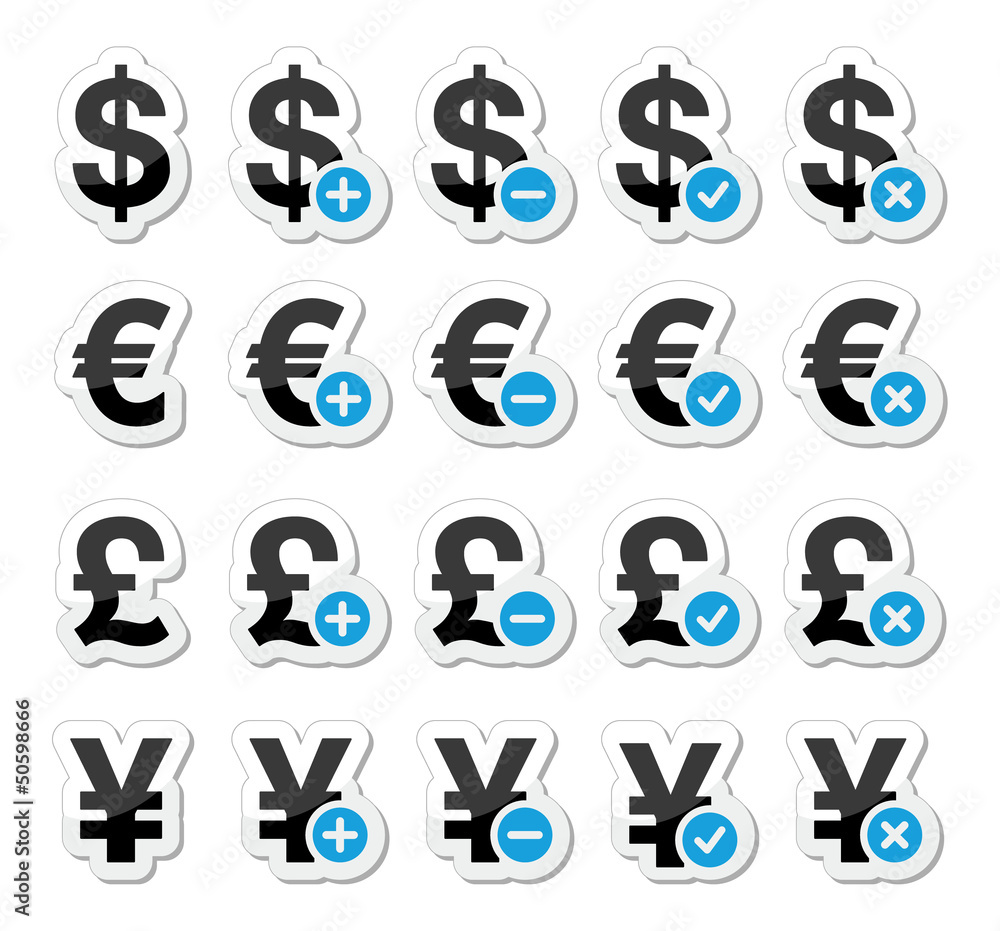 Currency icons set - dollar, euro, yen, pound Currency icons set - dollar, euro, yen, pound