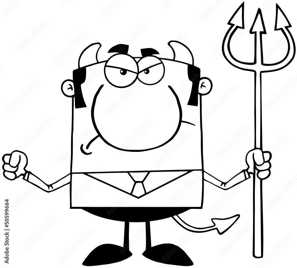 Outlined Angry Devil With A Trident Outlined Angry Devil With A Trident