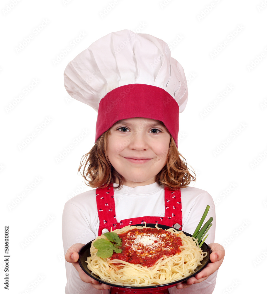 beautiful little girl cook hold dish with spaghetti beautiful little girl cook hold dish with spaghetti