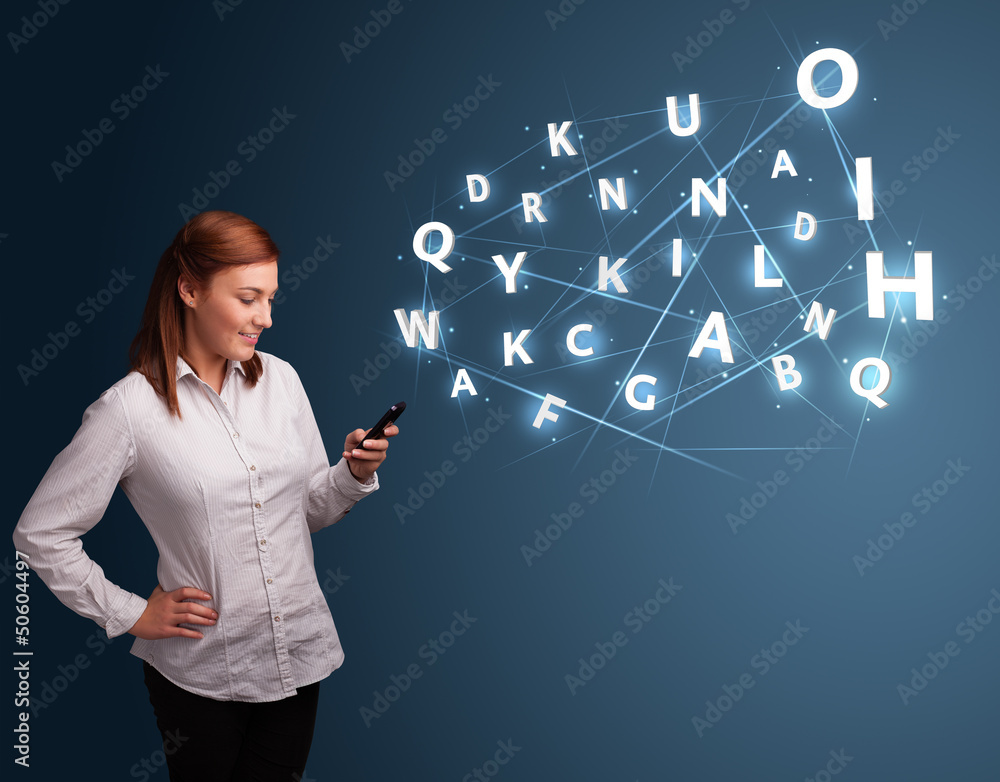 Young woman typing on smartphone with high tech 3d letters commi Young woman typing on smartphone with high tech 3d letters commi