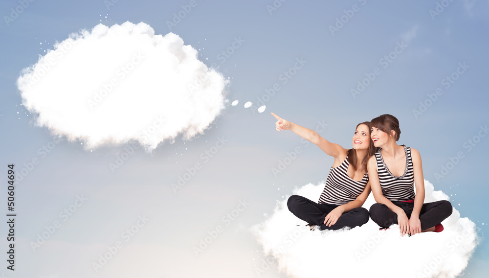 Young girls sitting on cloud and thinking of abstract speech bub Young girls sitting on cloud and thinking of abstract speech bub