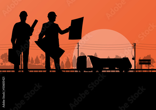 Excavator loader and workers digging at construction site with r