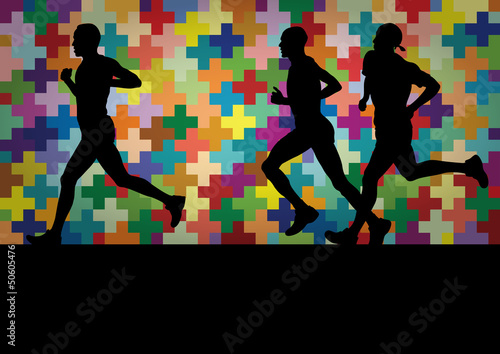 Marathon runners active silhouettes in colorful landscape backgr