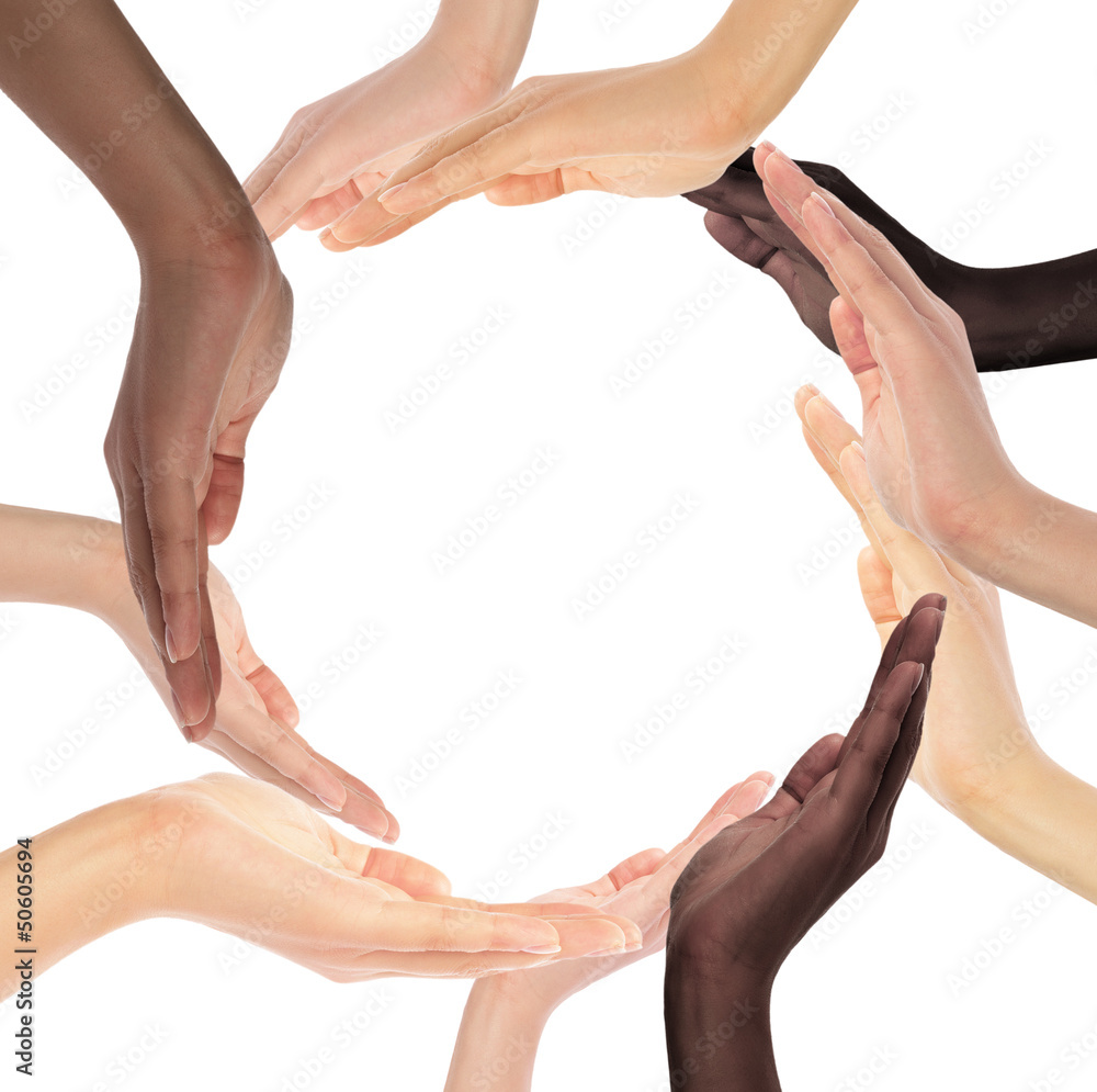 Conceptual symbol of multiracial human hands making a circle Conceptual symbol of multiracial human hands making a circle