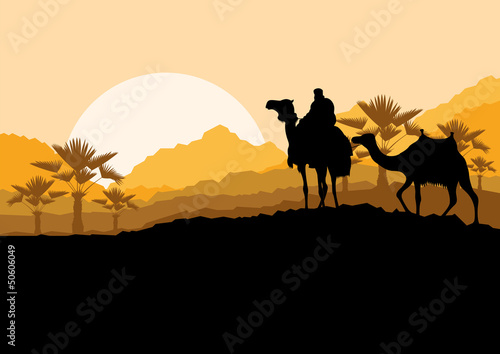Camel caravan in wild desert mountain nature landscape backgroun