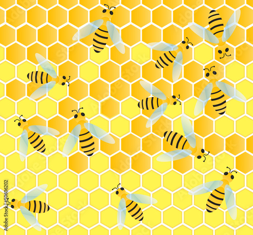 Bees and honeycomb wax cell vector background