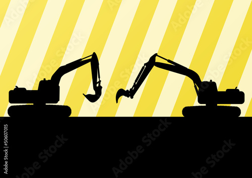 Excavator detailed silhouettes illustration in construction site