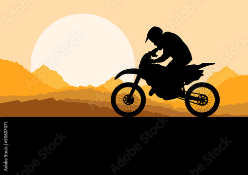 Motorbike rider motorcycle silhouette in wild desert mountain