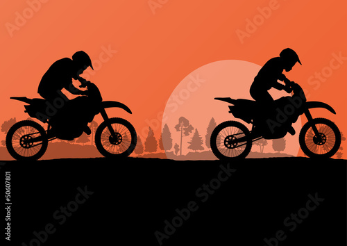 Motorbike riders motorcycle silhouettes in wild forest mountain