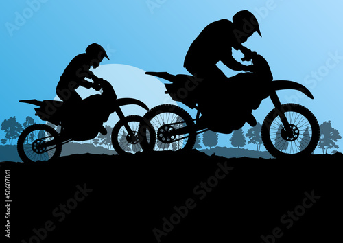 Motorbike riders motorcycle silhouettes in wild forest mountain