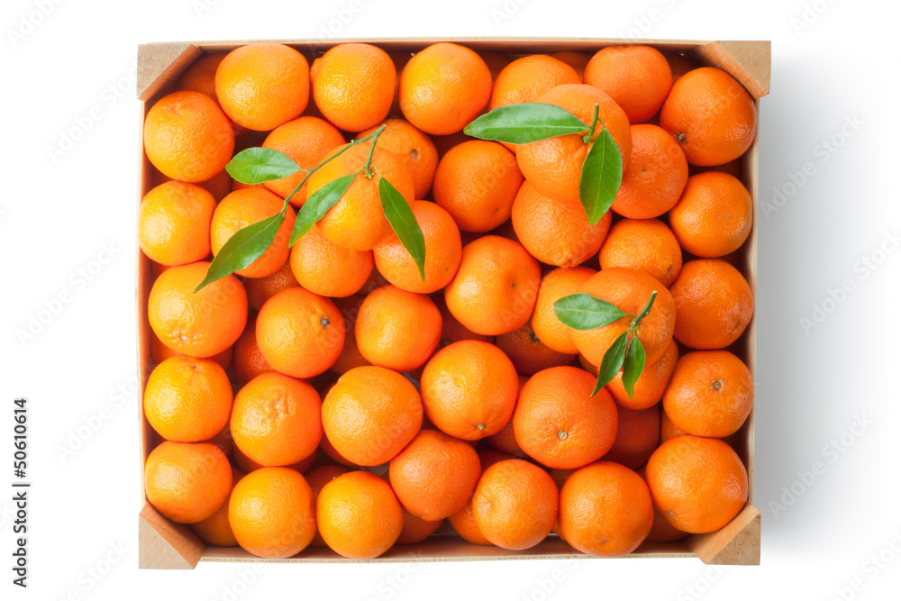 Crate of ripe tangerines. Top view.