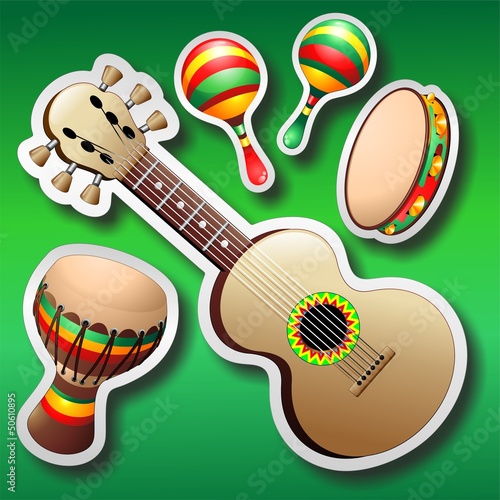Guitar Maracas Bongo Stickers on Green-Chitarra maracas Bongo