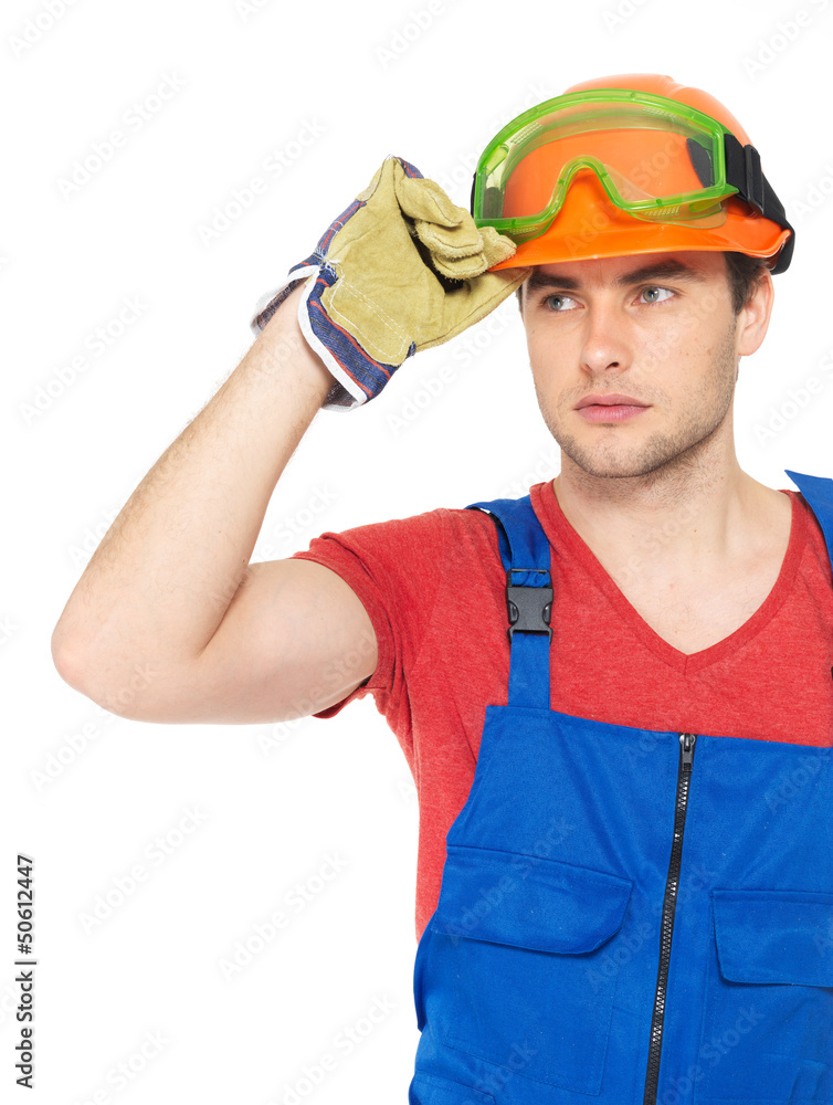 portrait of thinking handyman in uniform portrait of thinking handyman in uniform