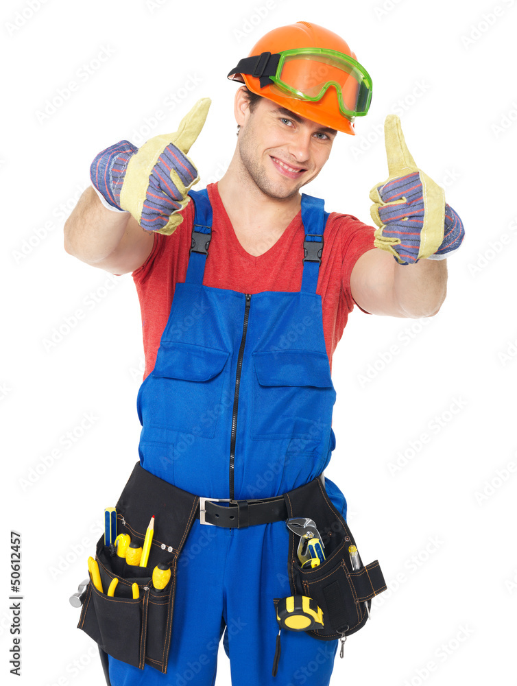 handyman with tools showing thumbs up sign