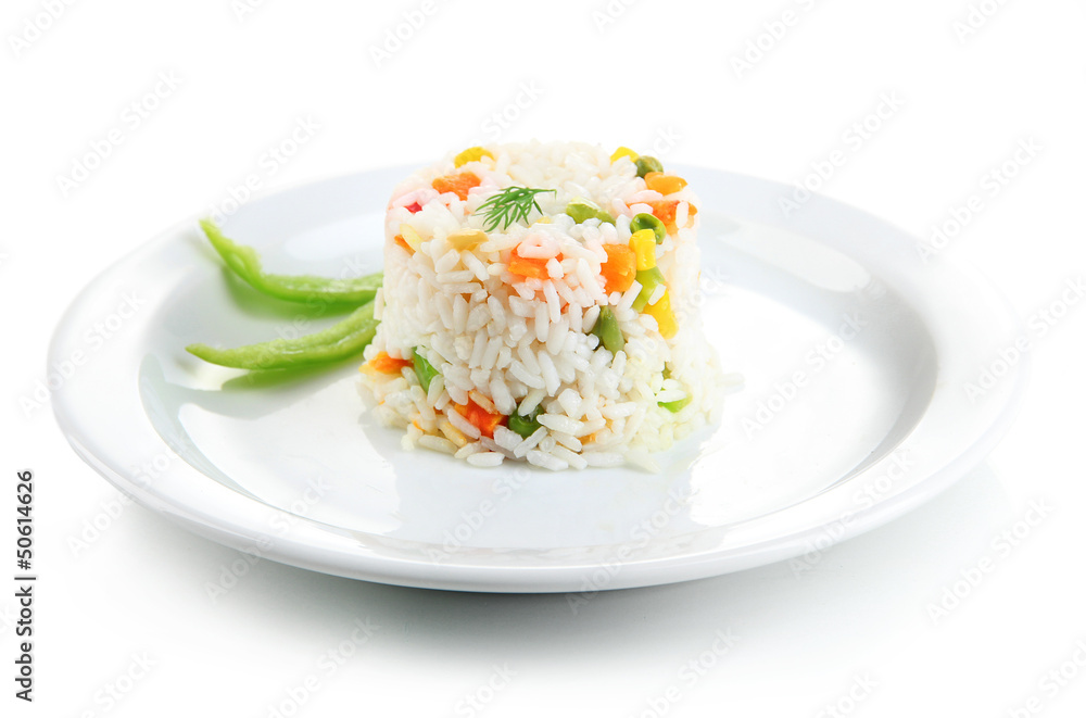 Delicious risotto with vegetables, isolated on white Delicious risotto with vegetables, isolated on white