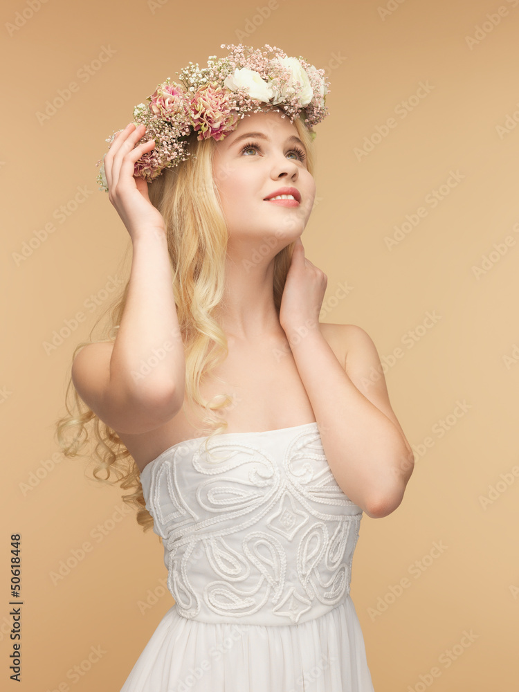 woman wearing wreath of flowers