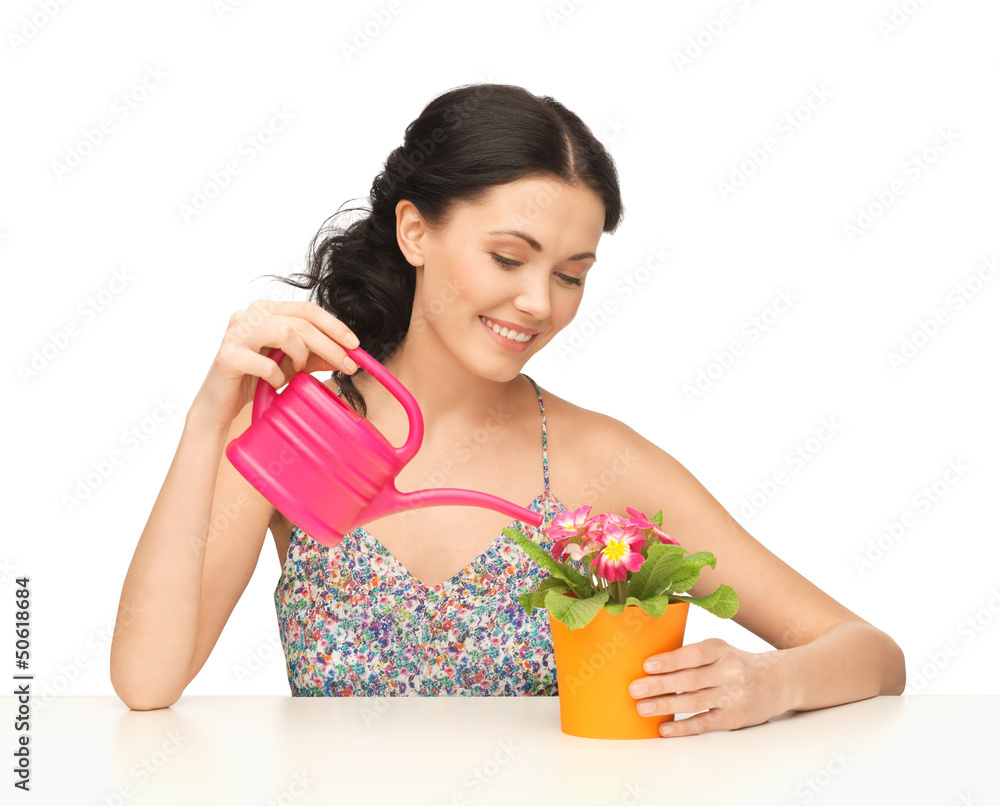 housewife with flower in pot and watering can housewife with flower in pot and watering can