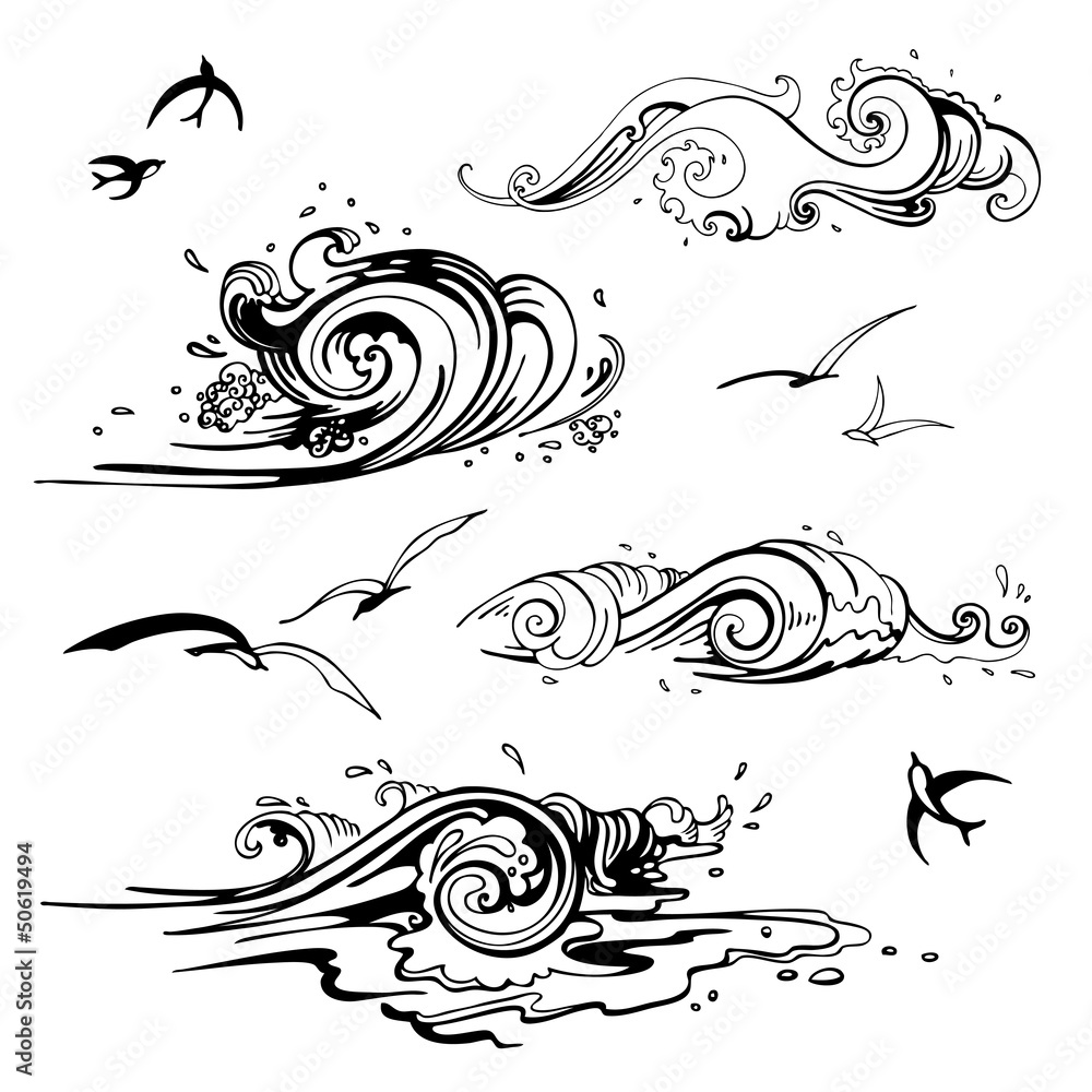 Fototapeta premium Sea waves set. Hand drawn vector illustration.
