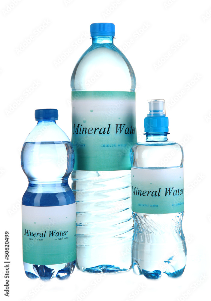 Different water bottles with label isolated on white Different water bottles with label isolated on white