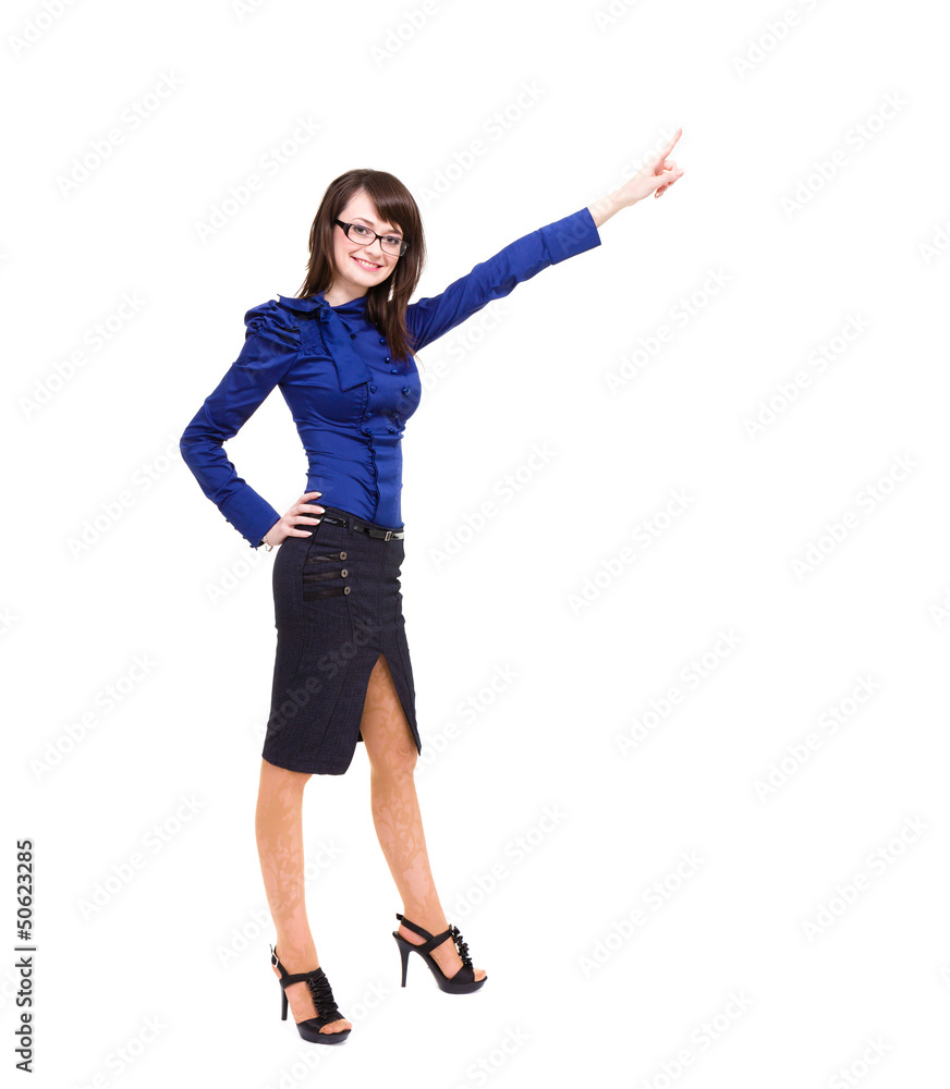 Woman with big smile pointing up Woman with big smile pointing up