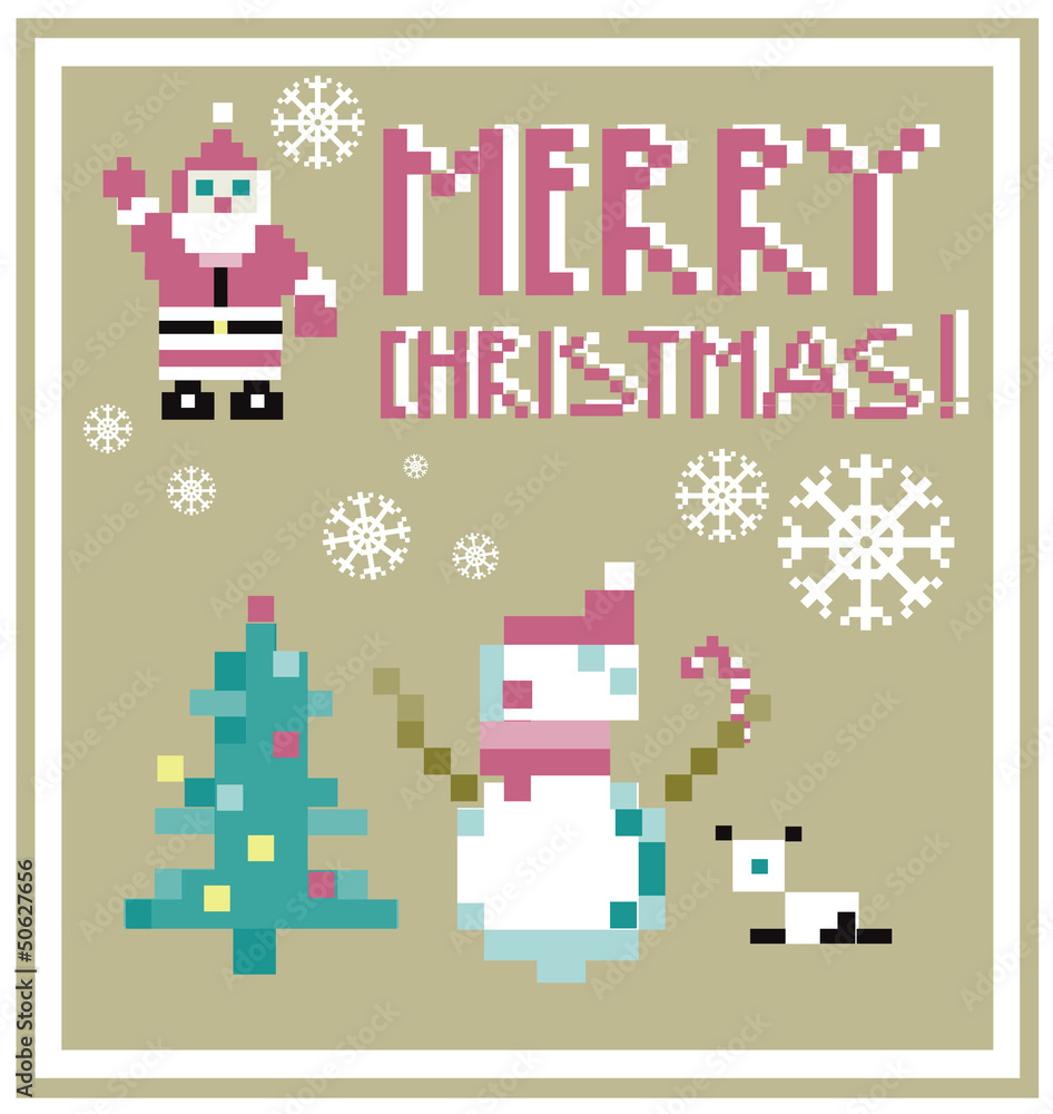 Pixel Holidays People card Santa and Snowman card /  icons set t