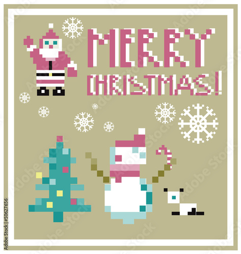 Pixel Holidays People card Santa and Snowman card /  icons set t © tamaravector