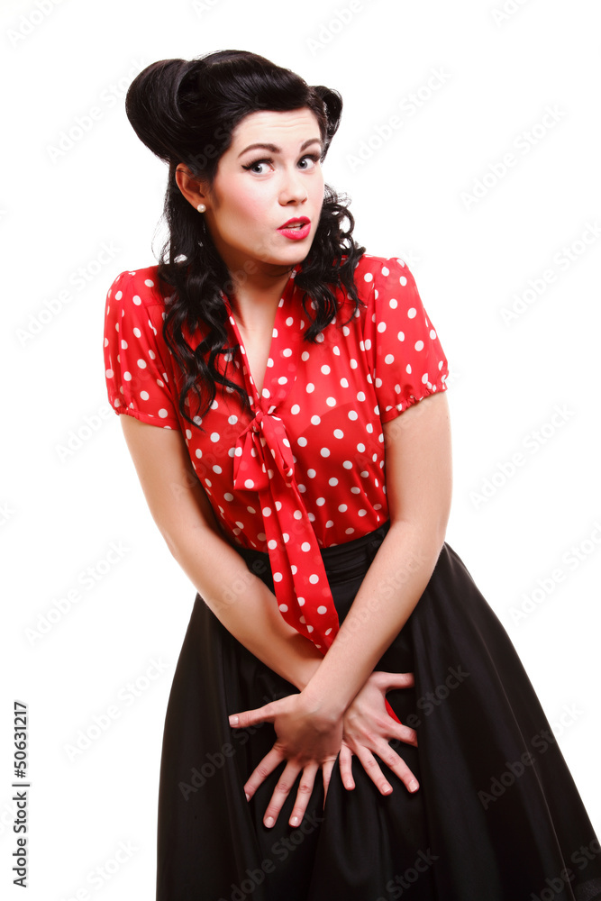 woman pinup makeup hairstyle posing in studio woman pinup makeup hairstyle posing in studio