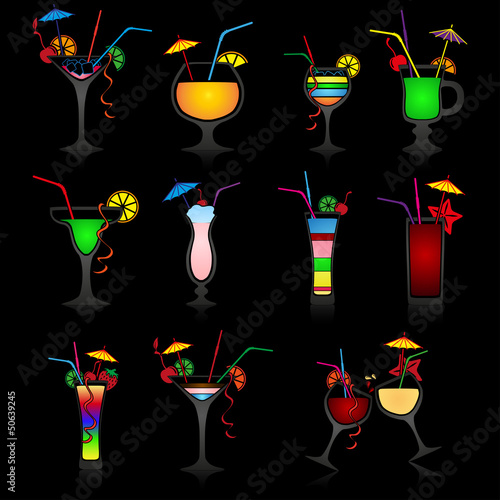 Set of vector cocktails on black background