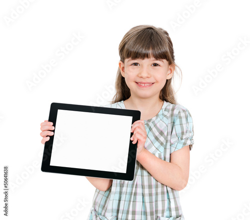 Happy little girl holding a blank tablet