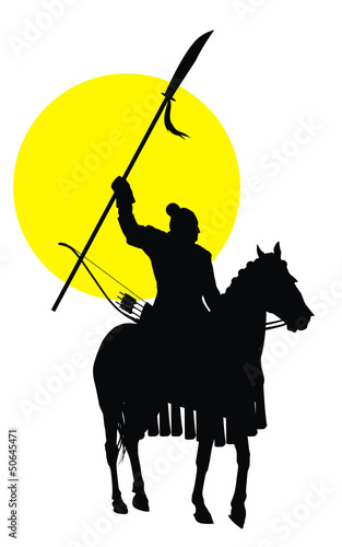 Medieval chinese warrior on horseback detailed vector silhouette