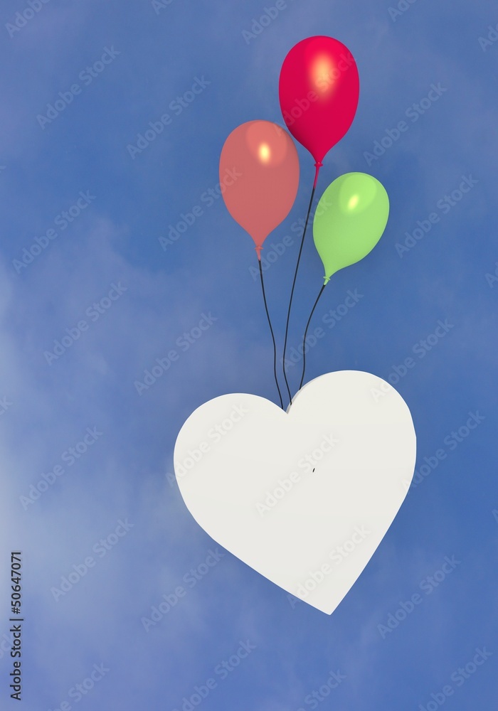 Three colourful ballons with a heart flying in the sky